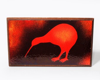 Kiwi Enamel Vintage Wall Hanging Art Plaque Bird Design Red Enamel on Copper with Wood Backing MCM Mid-Century Home Decor Attributed Canada