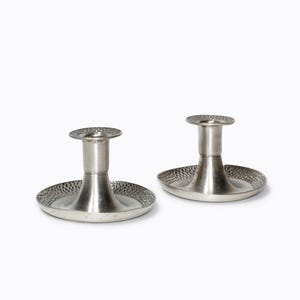 Selandia Vintage Candle Holder Set of 2 Tiny Taper Candlesticks Hammered Pewter MCM Scandinavian Made in Norway