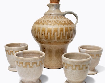 Bohemian Vintage Decanter with Cork and Goblets Handcrafted Earthtone Pottery Barware Signed Attributed Canada