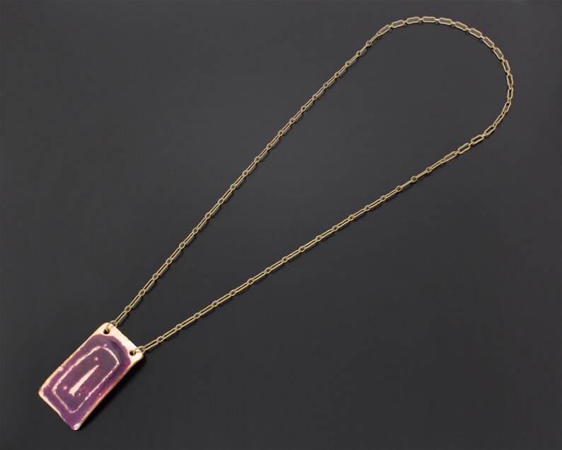 Art Studio Vintage 1970s Necklace Copper Metal Pendant with Plum Purple Enamel and Brass Chain Abstract Jewelry Unsigned Made in Canada