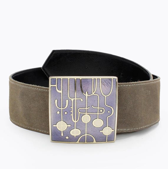 Suede Abstract Buckle Belt 60s De Pasille Sylvestre Brown Suede Belt, Abstract Bronze  main image 2