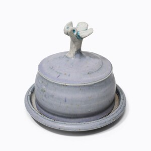 Bob Kingsmill Vintage Covered Dish with Bird Lid Dove Gray Ceramic Cheese Plate Signed Okanagan BC Made in Canada