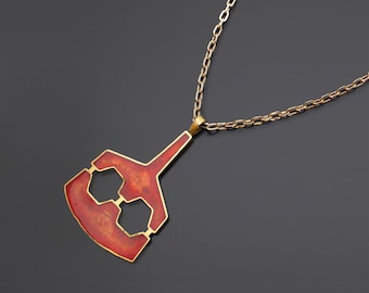 Bernard Chaudron Vintage Necklace Geometric Pendant Brass with Red Resin Enamel Modernist Quebec Made in Canada