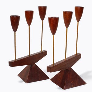 MCM Vintage Candle Holder Set of 2 Candelabra Style Candlestick Teak Brass Design Mid-Century Modern Modernist Danish Scandinavian Decor