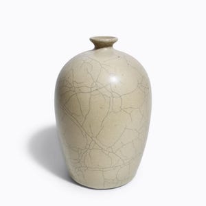Peut inclure: Un vase en céramique de couleur crème avec un corps arrondi et un col étroit. Le vase est orné d'un réseau de fines lignes de craquelures sombres sur sa surface, créant un aspect texturé. C'est un objet décoratif.
