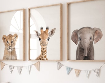 Impresión de guardería de safari, decoración de guardería de safari, juego de 3 animales de guardería de safari imprimibles, arte de pared de guardería de jungla, impresión digital, arte de sala de juegos