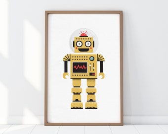 May include: A framed print of a yellow robot with a red button on its head, a black and white screen, and a smiling face. The robot is standing on a white background.