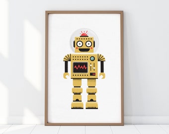 yellow robot print, retro poster, nursery print, kid's room decor, printable digital download, robot wall art