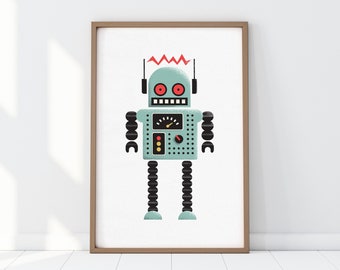 blue robot print, retro poster, nursery print, kid's room decor, printable digital download, robot wall art