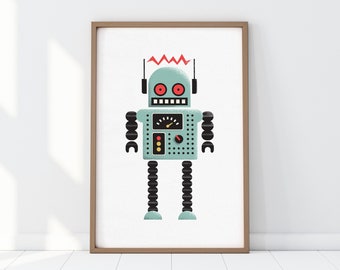 May include: A framed print of a retro robot with red eyes, a blue body, and black legs. The robot has a small gauge and a few buttons on its chest. The robot is surrounded by a white background.