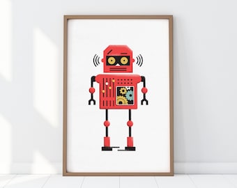 May include: A printable art print featuring a red robot with yellow eyes and gears in its chest. The robot is on a white background.