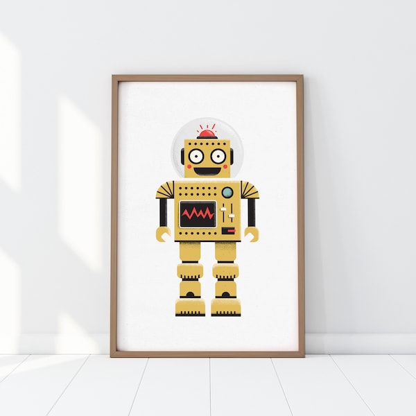 yellow robot print, retro poster, nursery print, kid's room decor, printable digital download, robot wall art