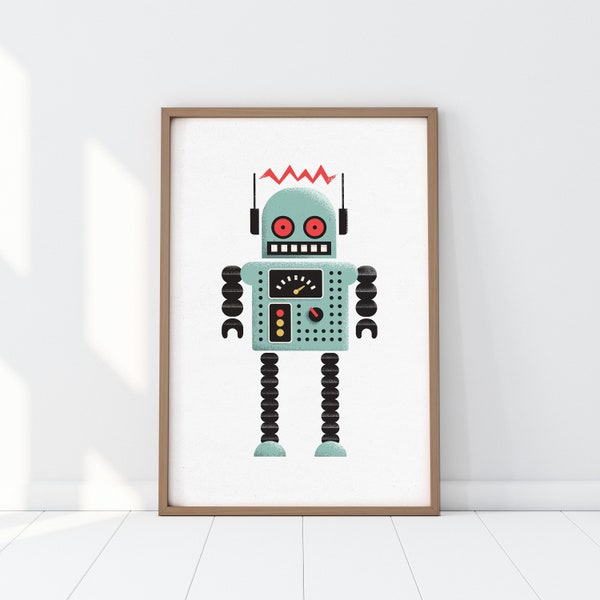 blue robot print, retro poster, nursery print, kid's room decor, printable digital download, robot wall art