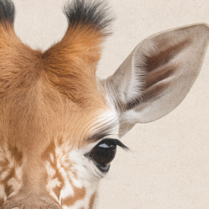 Peut inclure: Gros plan sur le visage d'une girafe, montrant son grand &oelig;il brun fonc&eacute; et une partie de sa longue oreille brune. La fourrure de la girafe est un m&eacute;lange de brun et de blanc, cr&eacute;ant un motif tachet&eacute;.