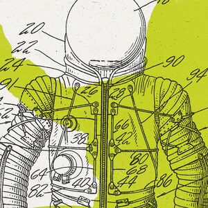 May include: A black and white line drawing of a spacesuit with a helmet. The suit is detailed with straps and buckles. The drawing is on a yellow background with numbers and lines.