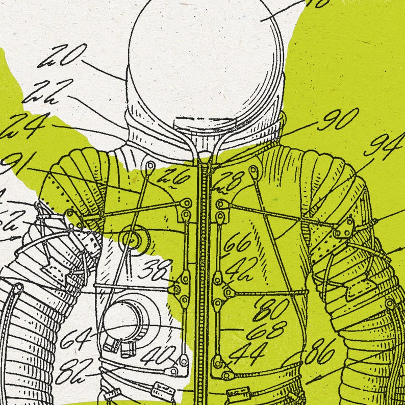May include: A black and white line drawing of a spacesuit with a helmet. The suit is detailed with straps and buckles. The drawing is on a yellow background with numbers and lines.