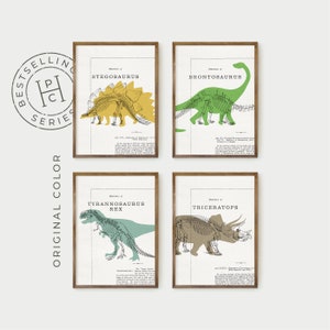 dinosaur print collection of four, dinosaur decor, t-rex wall art, digital download, kid's room decor image 1