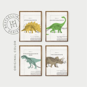 dinosaur print collection of four, dinosaur decor, t-rex wall art, digital download, kid&#39;s room decor