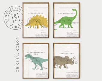 dinosaur print collection of four, dinosaur decor, t-rex wall art, digital download, kid&#39;s room decor