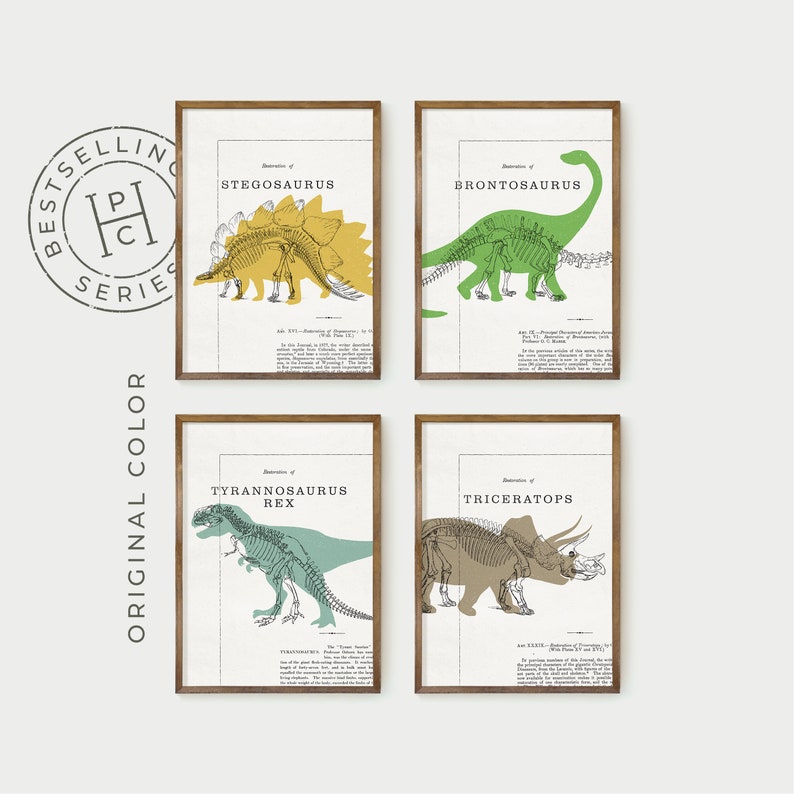 dinosaur print collection of four, dinosaur decor, t-rex wall art, digital download, kid's room decor image 1