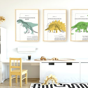 May include: Four framed dinosaur skeleton illustrations in a children's room. The illustrations are in black and white with green, yellow, and brown accents. The illustrations are labeled "Tyrannosaurus Rex", "Stegosaurus", "Brontosaurus", and "Triceratops".