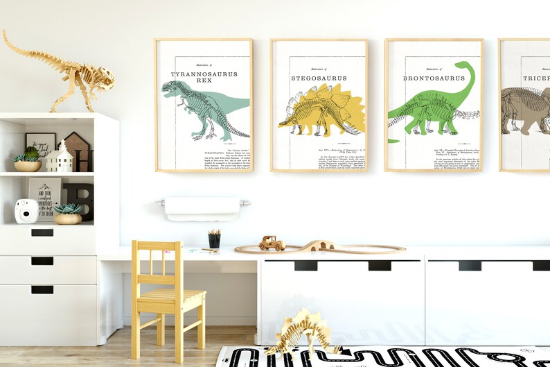 May include: Four framed dinosaur skeleton illustrations in a children's room. The illustrations are in black and white with green, yellow, and brown accents. The illustrations are labeled "Tyrannosaurus Rex", "Stegosaurus", "Brontosaurus", and "Triceratops".