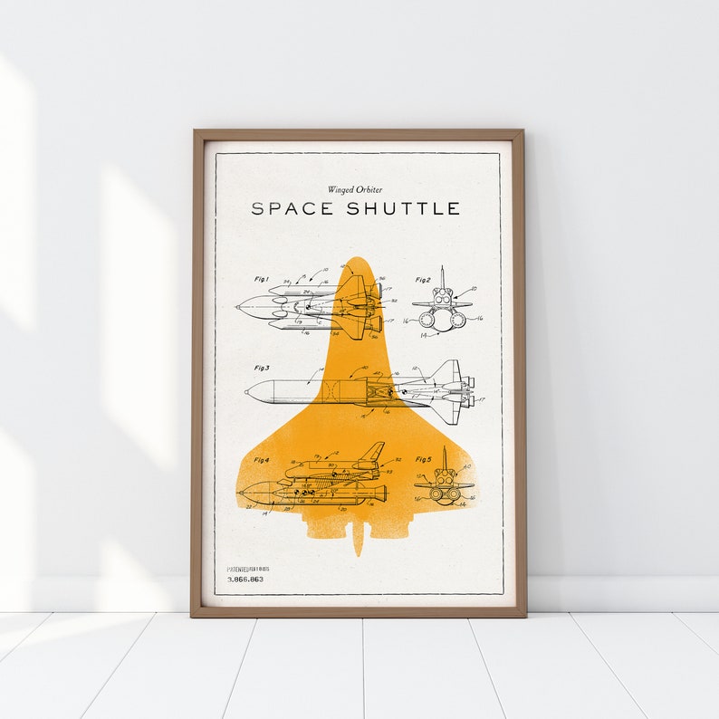 May include: A vintage-style illustration of a space shuttle patent drawing with the text "Winged Orbiter SPACE SHUTTLE" and a yellow silhouette of the shuttle.