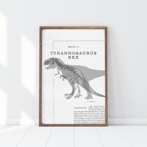 May include: A framed print featuring a detailed illustration of a Tyrannosaurus Rex skeleton with a shadow. The text "Restoration of TYRANNOSAURUS REX" is at the top. The print has a vintage aesthetic with a brown wooden frame.