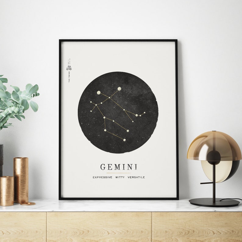 May include: A black and white poster with a minimalist design featuring the Gemini constellation in a circle on a black background. The text "GEMINI" is below the constellation with the words "EXPRESSIVE WITTY VERSATILE" underneath.