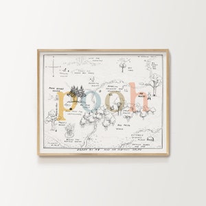Mappa di legno di 100 acri, Winnie-the-Pooh stampabile, stampe vivaio, Maialino, Gufo, Coniglio, Eeyore, arredamento festa di compleanno, baby shower, legno 100 aker