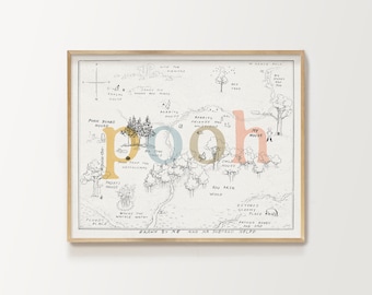 100 acre wood map, printable Winnie-the-Pooh, nursery prints, Piglet, Owl, Rabbit, Eeyore, birthday party decor, baby shower, 100 aker wood