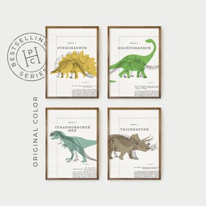May include: Set of four vintage-style dinosaur skeleton illustrations. Each print features a different dinosaur, including Stegosaurus, Brontosaurus, Tyrannosaurus Rex, and Triceratops. The illustrations are in black and white with a yellow, green, and brown color scheme.