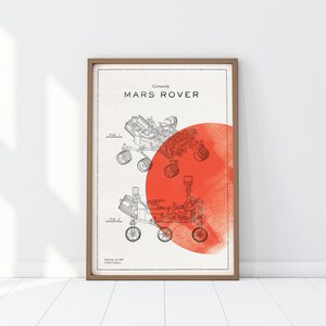 May include: A black and white line drawing of the Curiosity Mars Rover with a red circle behind it. The text "Curiosity MARS ROVER" is at the top of the image. The text "FIG. 1" and "FIG. 2" are below the rover drawings. The text "Filed Jan. 18, 2005" is at the bottom of the image.