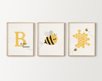 bee nursery prints, series of 3, nursery decor, bee nursery theme, printable digital download