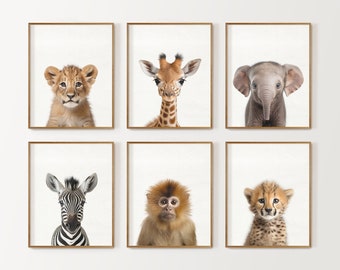 Impresión de vivero Safari, decoración de vivero Safari, conjunto de 6 animales de vivero Safari imprimibles, arte de pared de vivero de selva, impresión digital, arte de sala de juegos