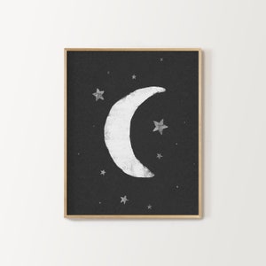 black and white moon kid's room print, digital download, nursery decor, moon and stars wall art, twinkle twinkle little star, night sky art