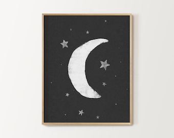 black and white moon kid's room print, digital download, nursery decor, moon and stars wall art, twinkle twinkle little star, night sky art