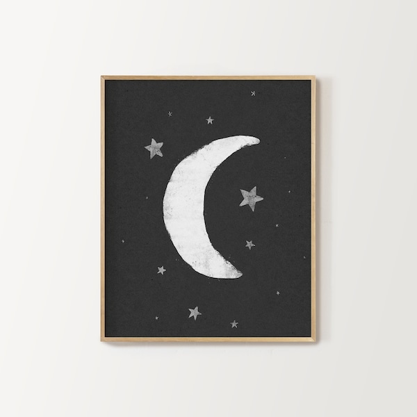 black and white moon kid's room print, digital download, nursery decor, moon and stars wall art, twinkle twinkle little star, night sky art