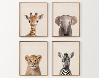 Impresión de guardería de safari, decoración de guardería de safari, juego de 4 animales de guardería de safari imprimibles, arte de pared de guardería de jungla, impresión digital, arte de sala de juegos