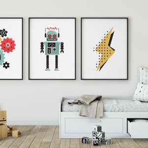 gears print, retro robot poster, nursery print, kid's room decor, printable digital download, robot wall art image 2