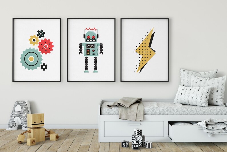 gears print, retro robot poster, nursery print, kid's room decor, printable digital download, robot wall art image 2