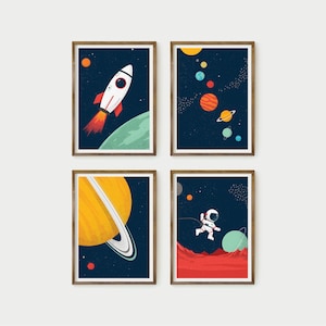 space art for kids, print series of 4, space themed decor, printable digital download, space nursery decor, poster wall art, navy blue