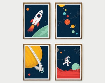 ruimtekunst voor kinderen, printserie van 4, decor met ruimtethema, afdrukbare digitale download, inrichting ruimte kinderkamer, posterkunst aan de muur, marineblauw