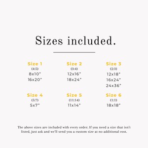 May include: A chart showing six different sizes of prints available, with the dimensions listed in inches. The sizes are labeled Size 1 through Size 6. The text "Sizes included." is at the top of the chart.
