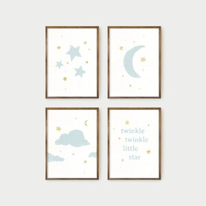 white twinkle twinkle little star nursery prints, series of 4, digital download, kid&#39;s room decor, moon and stars art, gender neutral
