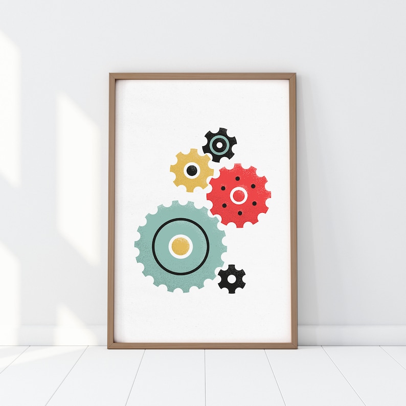 gears print, retro robot poster, nursery print, kid's room decor, printable digital download, robot wall art image 1