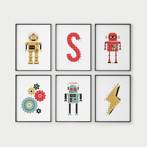 robot room decor, robot nursery prints, boys playroom, digital prints, robot birthday party, gear poster, kids initials, set of 6 prints