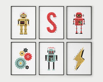 robot room decor, robot nursery prints, boys playroom, digital prints, robot birthday party, gear poster, kids initials, set of 6 prints