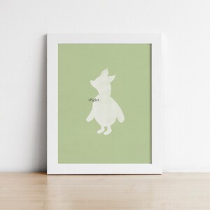 May include: A white silhouette of Piglet from Winnie the Pooh on a light green background. The text "Piglet" is written below the silhouette.