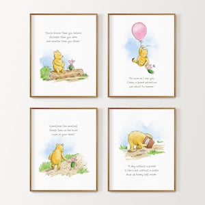 Set of 4 Classic Winnie the Pooh Nursery art prints, Gender Neutral Nursery, Pooh and friends inspirational quotes, digital print, Printable